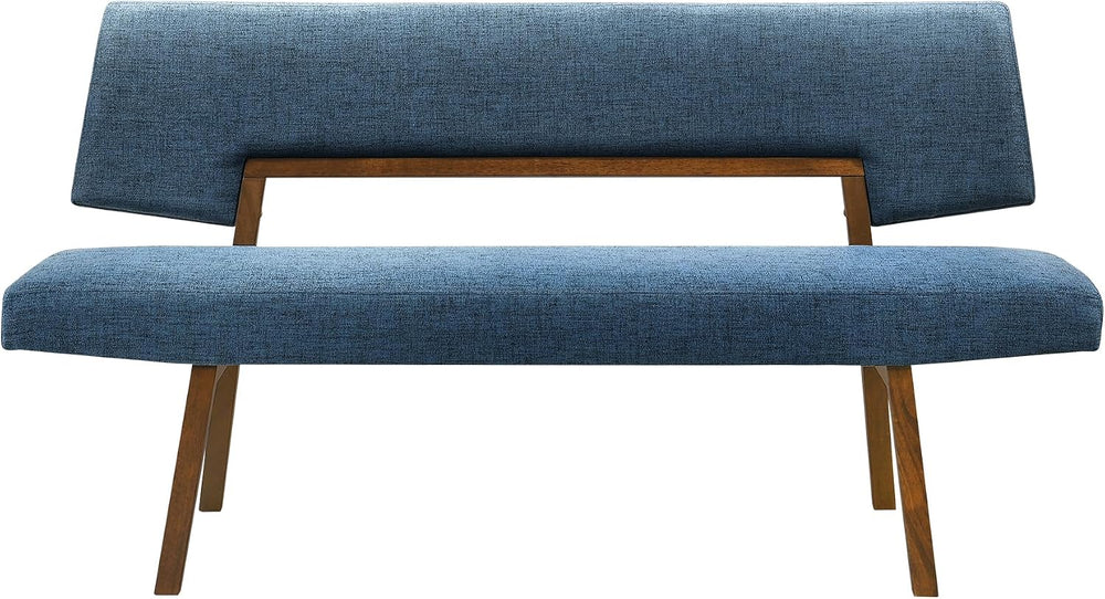 Channell Wood Dining Bench in Walnut Finish with Blue Fabric