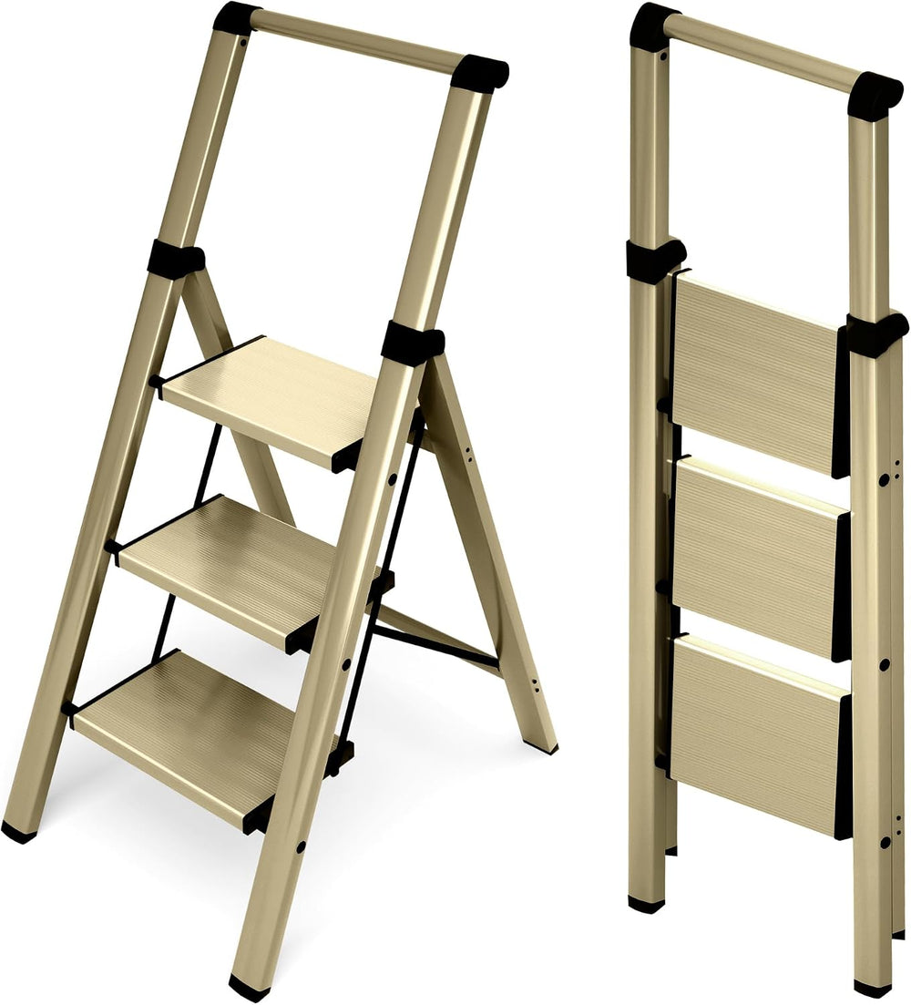 HillhutApex Aluminum 3 Step Ladder, Step Stool Foldable Ladder(Gold)