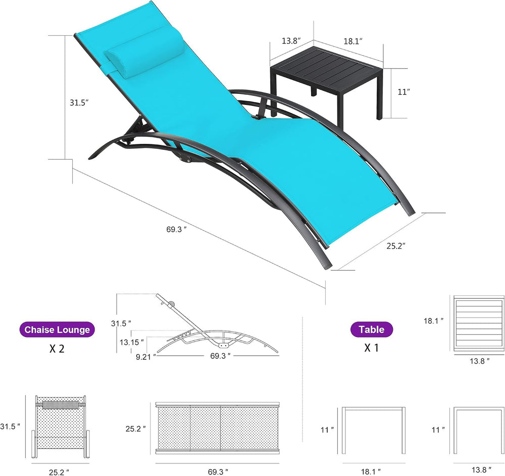 PURPLE LEAF Patio Pool Lounge Chaise Set of 3 Outdoor Chair, Turquoise Blue |...