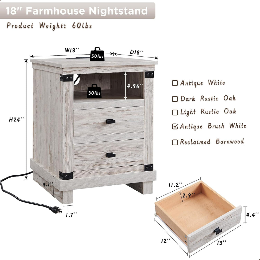 RedLemon Farmhouse Nightstand Set of 2 with Charging Station, 18" Rustic...