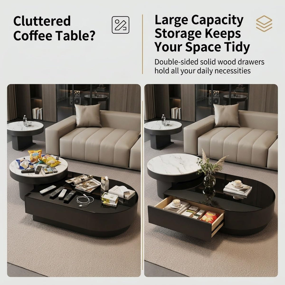 Contemporary Chic Sintered Stone Nesting Coffee Table Set of 2 with Drawer | ...