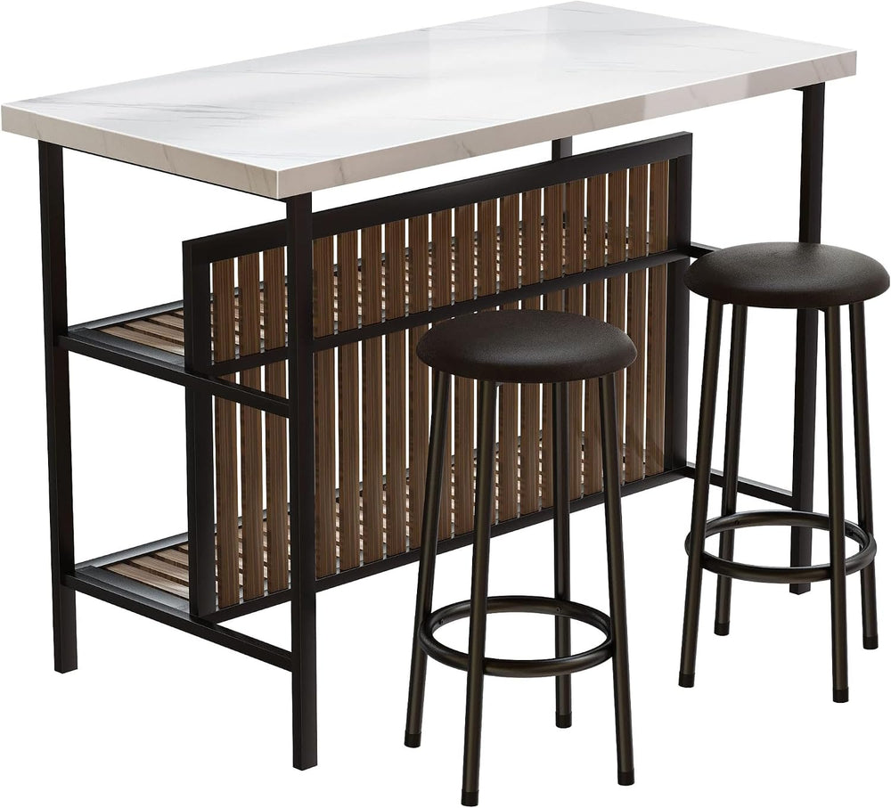 Recaceik 3 Piece Pub Set, Rectangular 2 Bar Stools, Faux Marble Dining Room S...