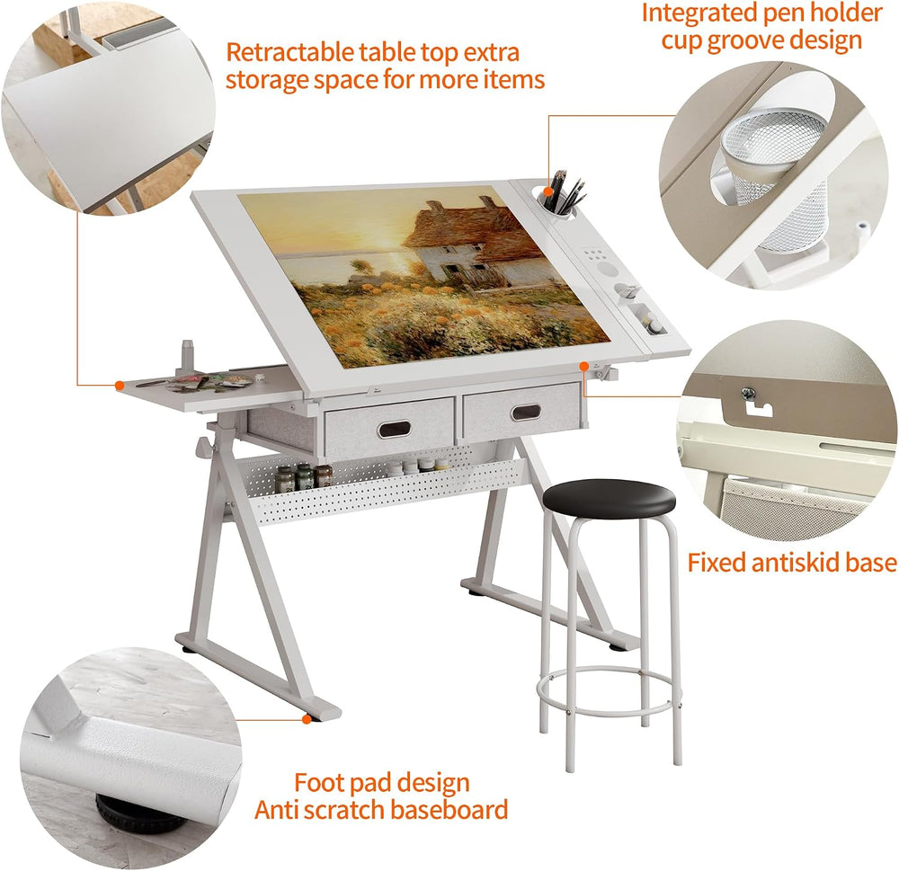 Tiltable Drafting Table with Stool, Adjustable Art Desk for Home Use