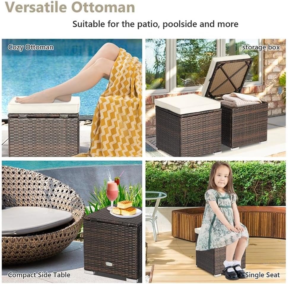 Pemberly Row 2PCS Patio Rattan Ottoman Seat with Storage, Off White, Durable ...