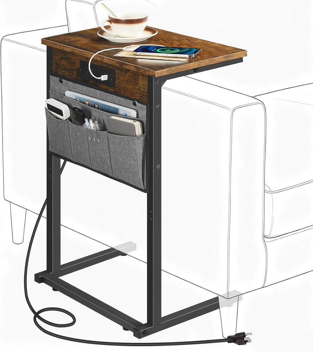 HOOBRO C Shaped End Table with Charging Station, Slide Under Couch Table