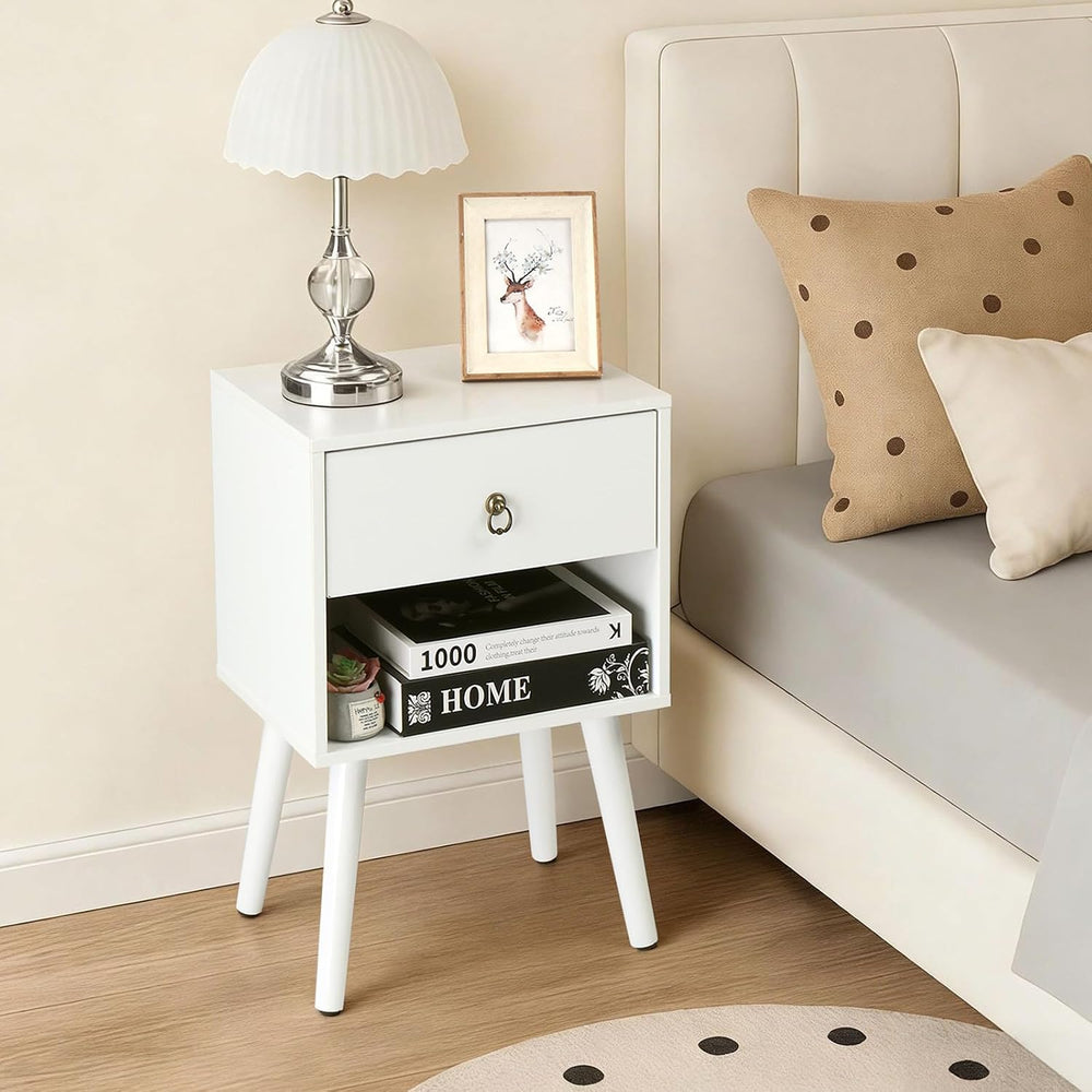 Bonnlo White Nightstand Set of 2, Modern Bedside Table with Drawer Open Shelf...