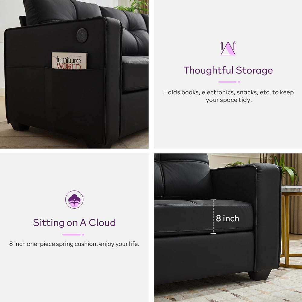 TYBOATLE 88" W Faux Leather Couches w/USB, Tufted Mid-Century Modern Com...