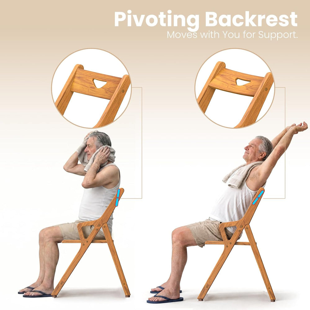 Folding Teak Shower Chair, Back & Armrests, 350lb Nonslip Senior Safety