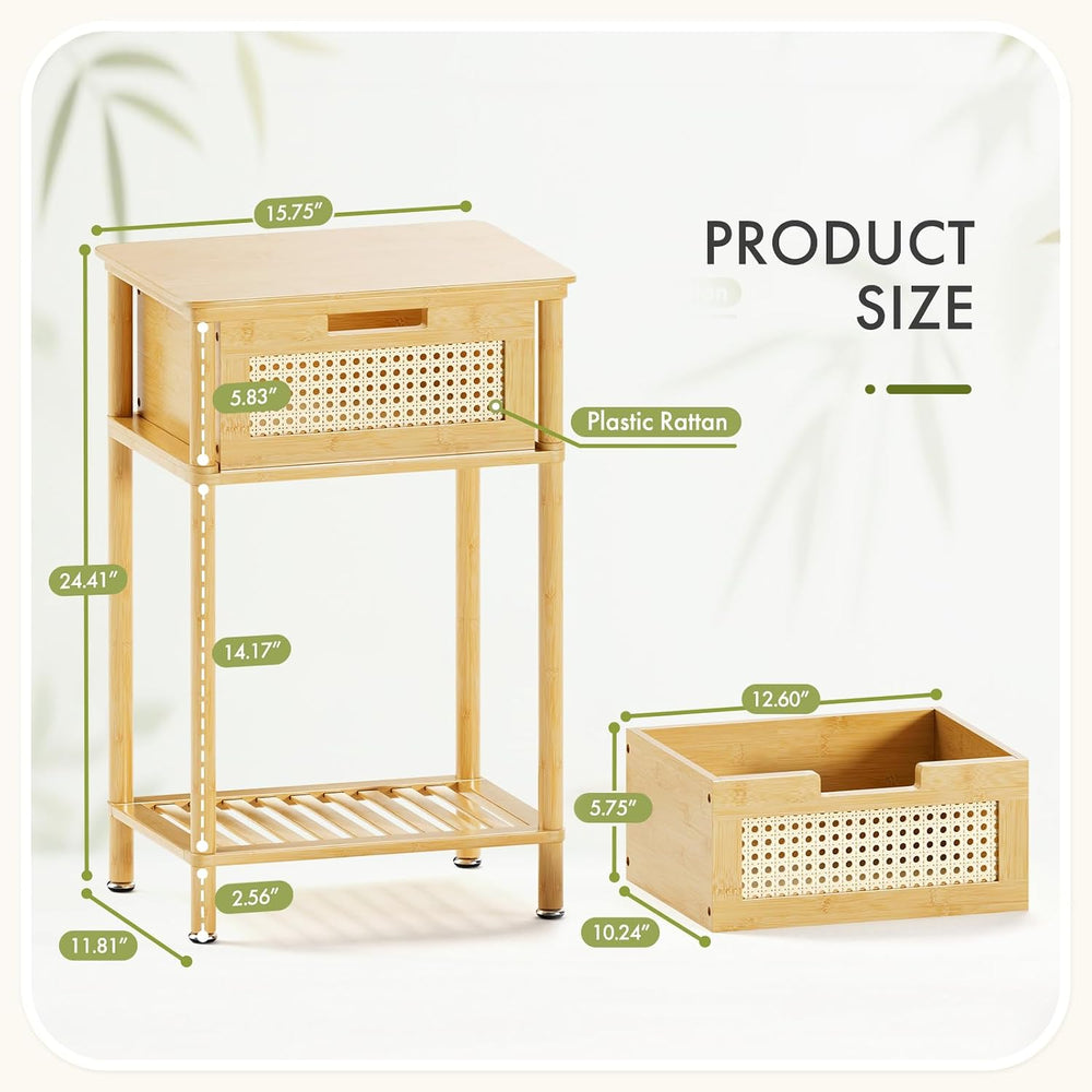 Bamboo Nightstand, Boho Side Table with Drawer and Open Shelf, 3 Tier End Tab...