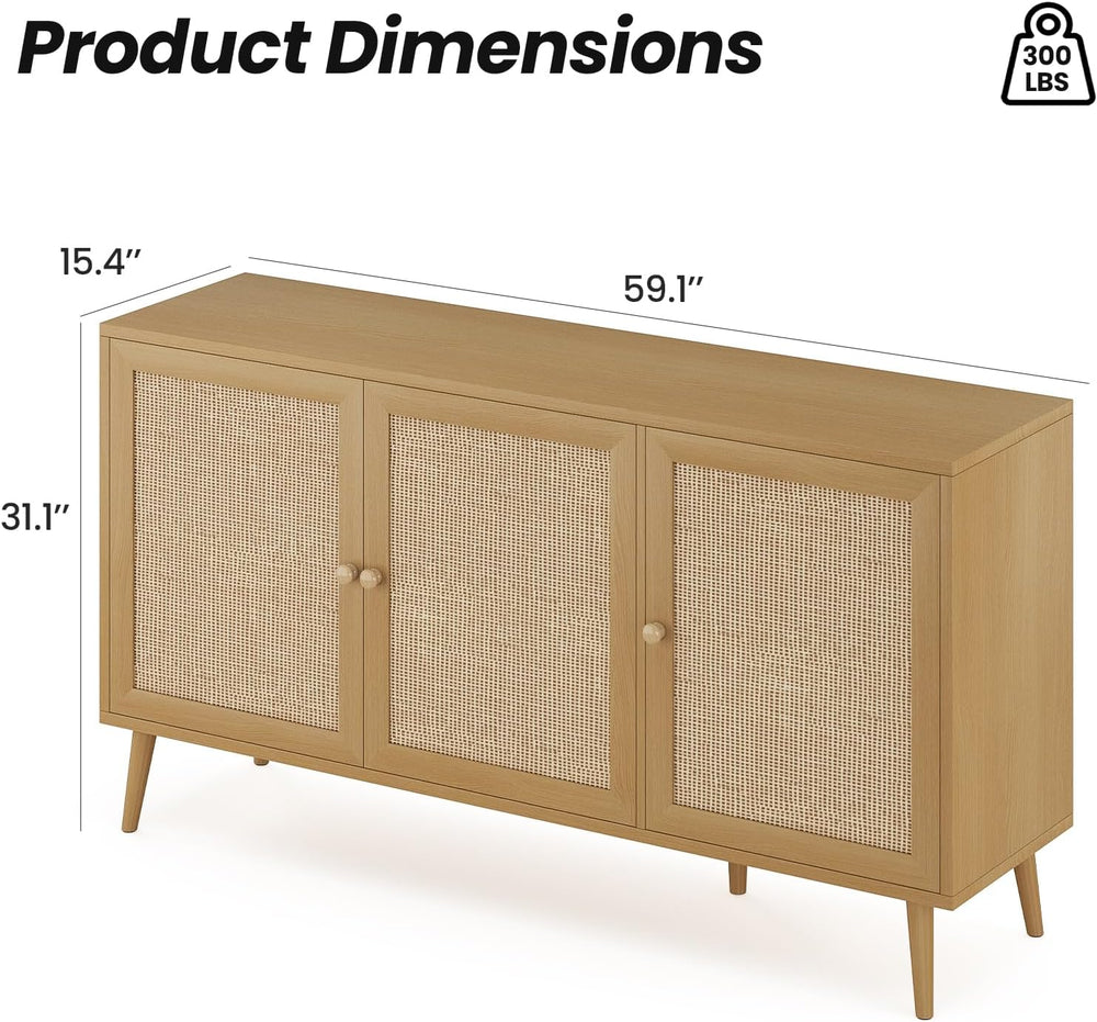 Farini 59.1" Buffet Cabinet with 3 Rattan Doors,Kitchen Sideboard for Di...