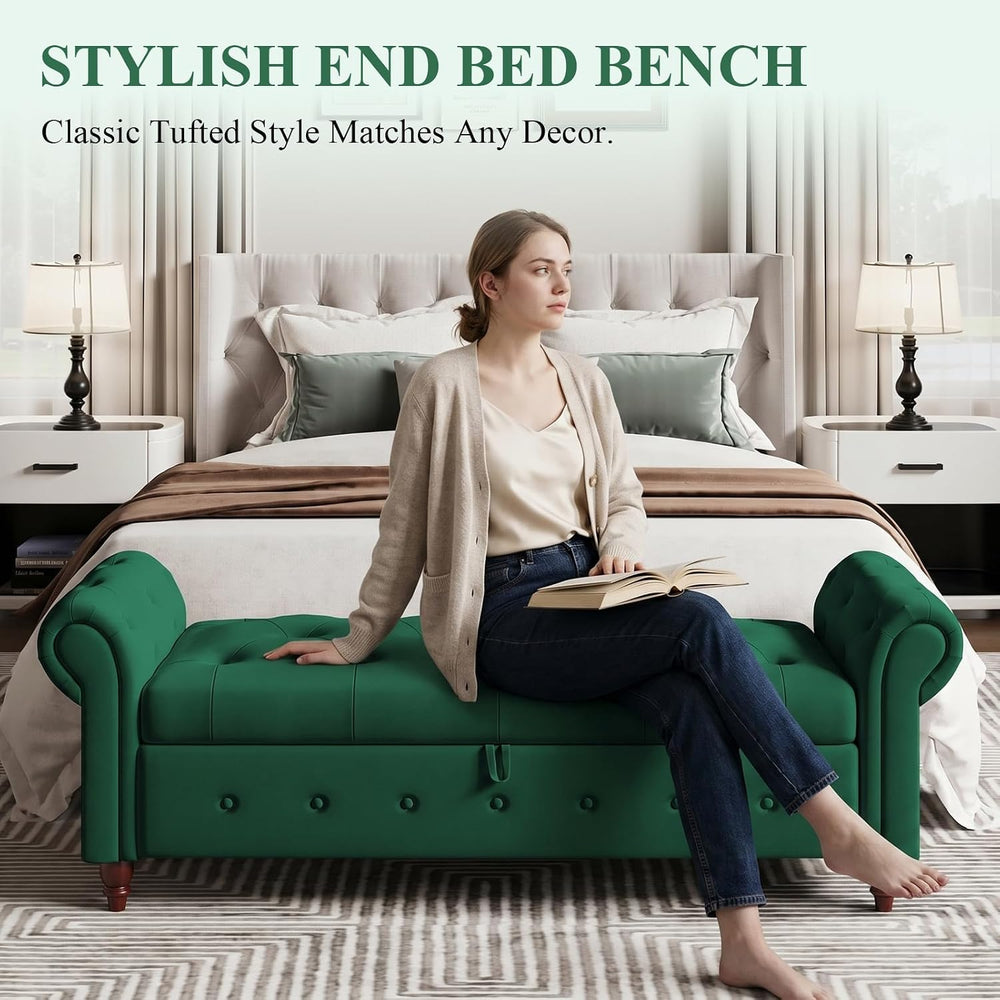 NIOIIKIT 63'' Storage Ottoman Bench Tufted Entryway Bench Dark Green ...