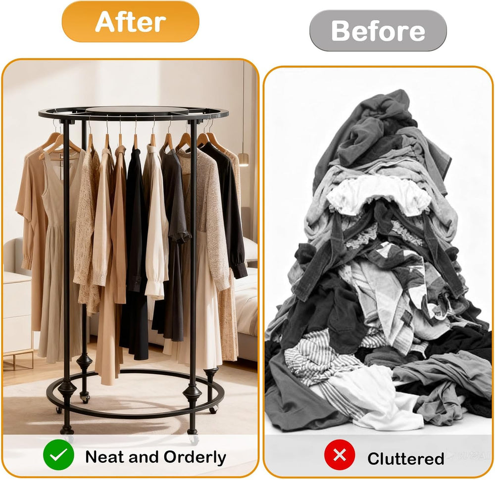 27.5x51in Round Garment Rack, Rolling with Topper, 360 Rotating, Black