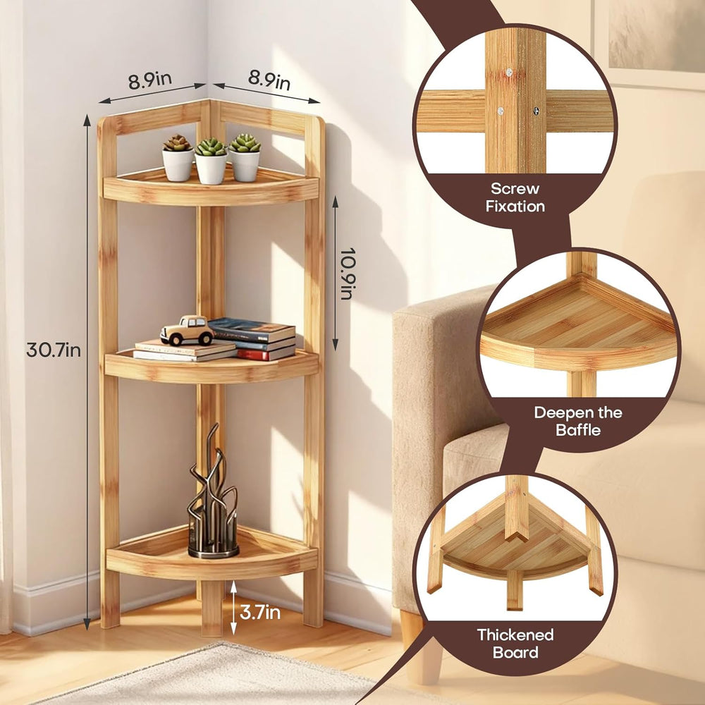 2026 New Bamboo Standing Shelf, 3 Tier Corner Shelf Stand, Free-Standing Shel...