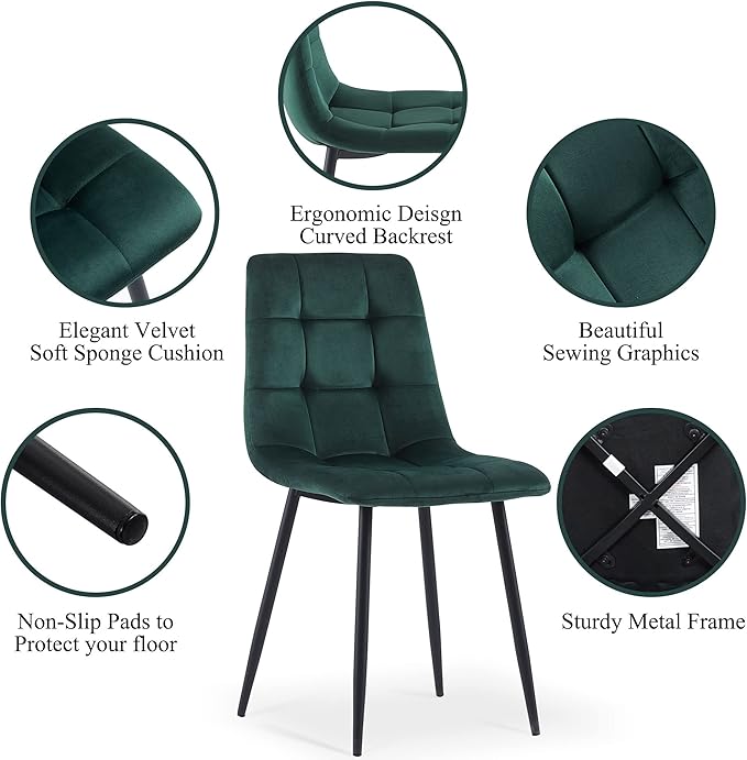 NORDICANA Forest Green Velvet Dining Chairs Set of 4, Upholstered Tufted Kitc...
