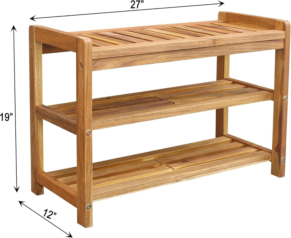 27-Inch Wooden Shoe Bench for Entryway, 3-Tier Storage Organizer, Rustic Shoe...