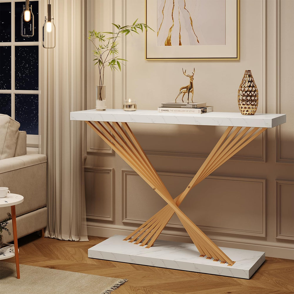 UNIQUITE 39.4 Inch Gold Console Table, White Faux Marble Modern Entryway Tabl...