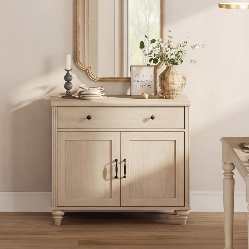 WAMPAT Farmhouse Buffet Cabinet with Doors & Drawer, Light Oak, 34 inch