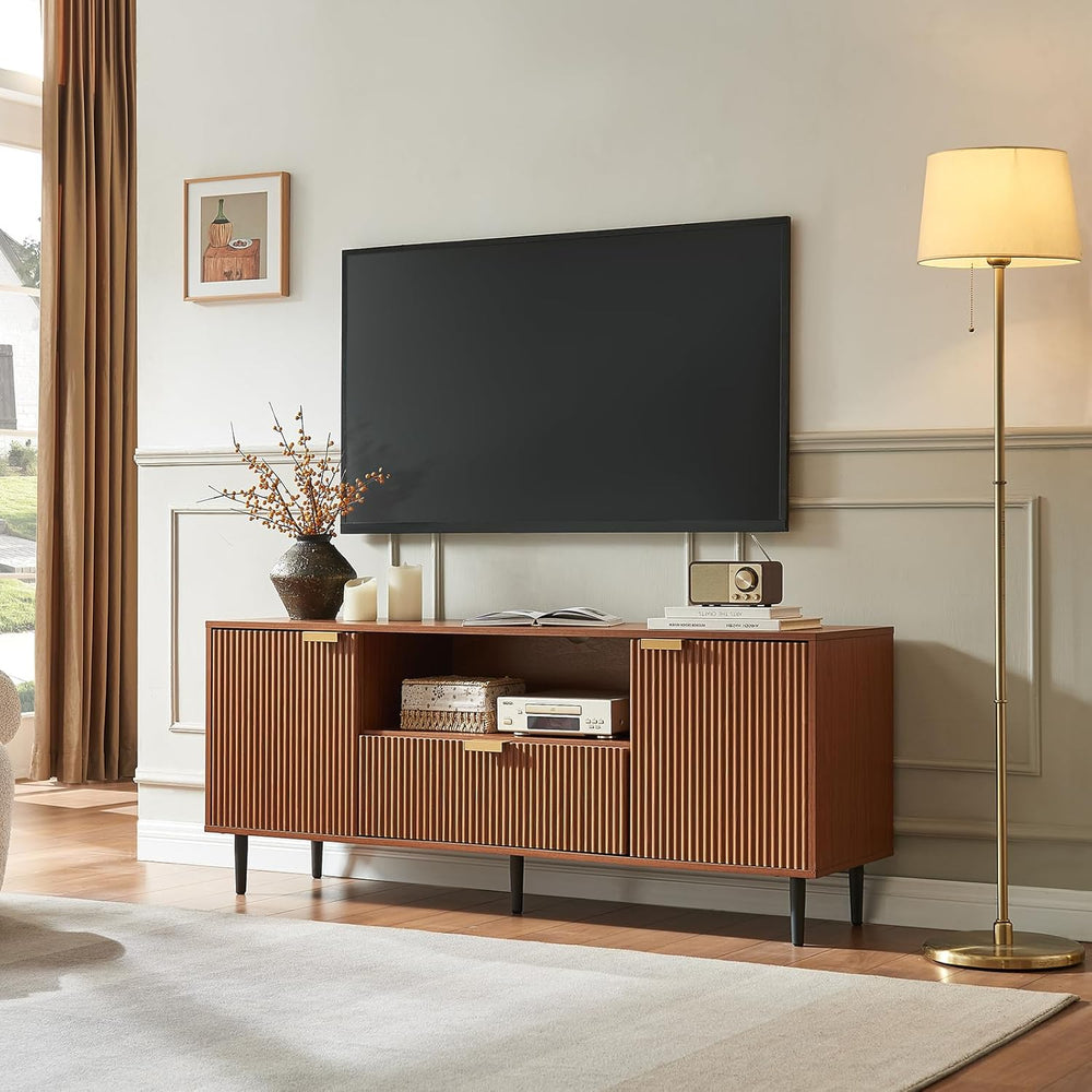 Okvnbjk Modern Fluted TV Stand for 65 Inch TVs with Drawer, Walnut | Modern f...