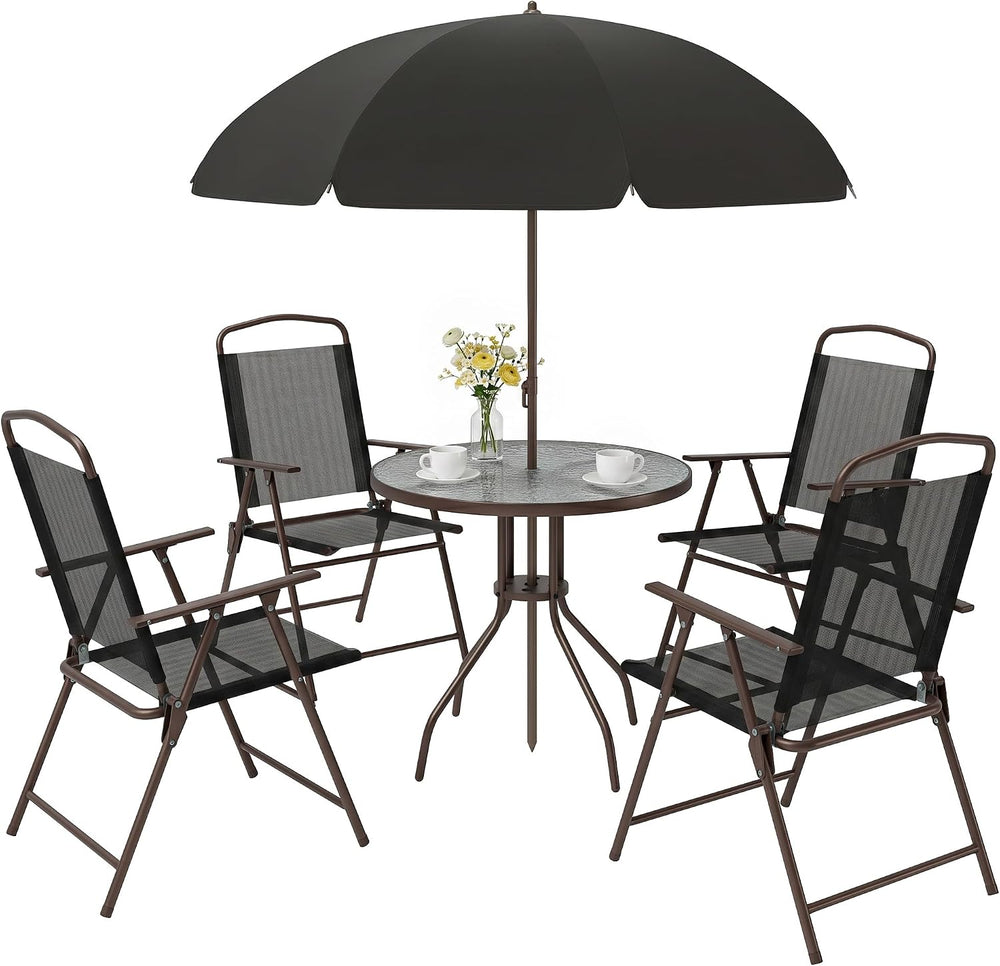 Outsunny 6 Piece Outdoor Patio Dining Set for 4 with Umbrella Black/Coffee