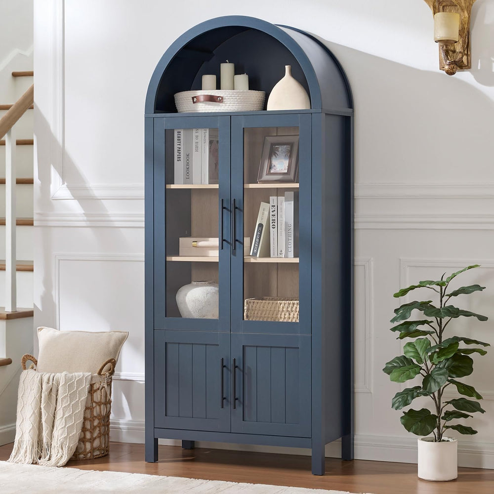 71" Tall Arched Display Cabinet with Glass Doors, 5-Tier Bookshelf