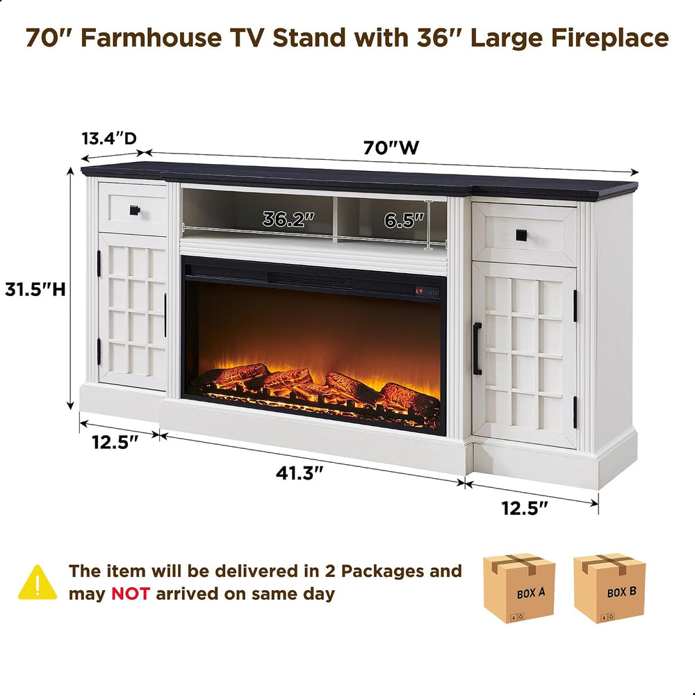 JXQTLINGMU Farmhouse 70" Fireplace TV Stand for 80" TV, Off White |...