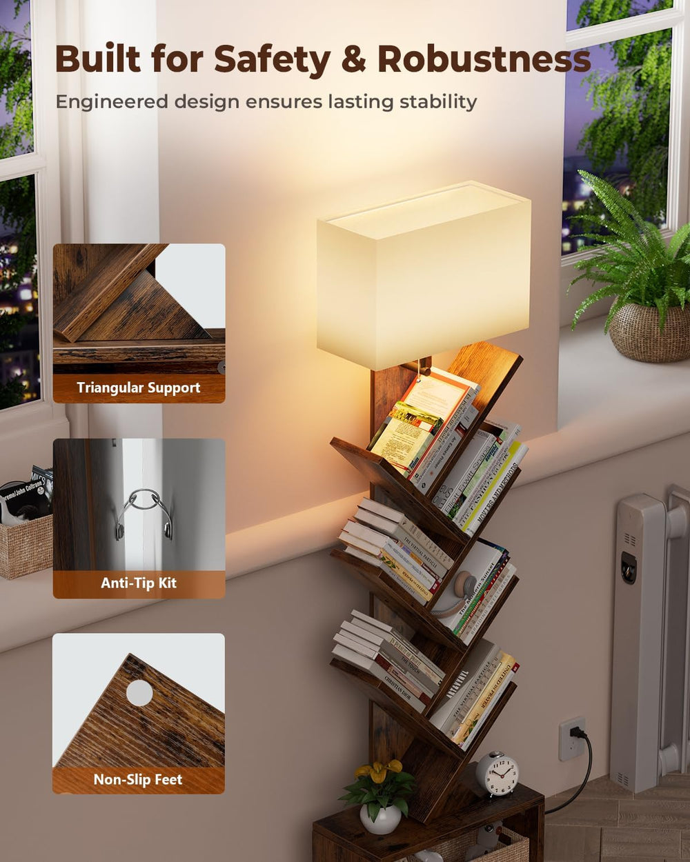 Evermagin 6 Tier Tree Bookshelf with Light, Bookcase, Rustic Brown | Narrow T...