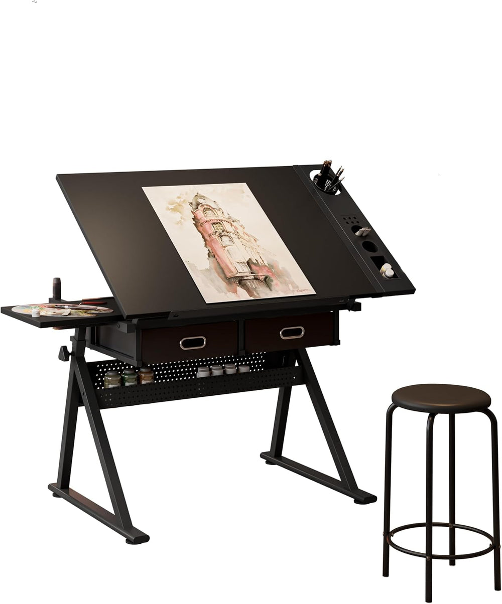 Adjustable Drafting Table Desk with Storage, 2 Drawers, Tilting | MDF tilting...
