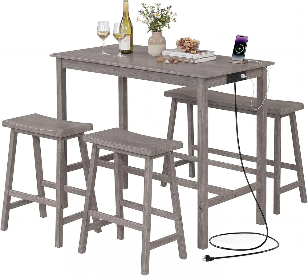 GIANTEX 4-Piece Counter Height Dining Table Set with Power Outlet, Solid Rubb...