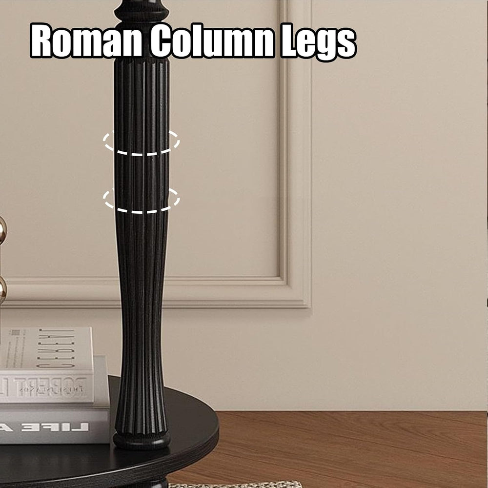 Round Side Table with Roman Column Legs, 2 Tier Sofa End Table with Storage,A...