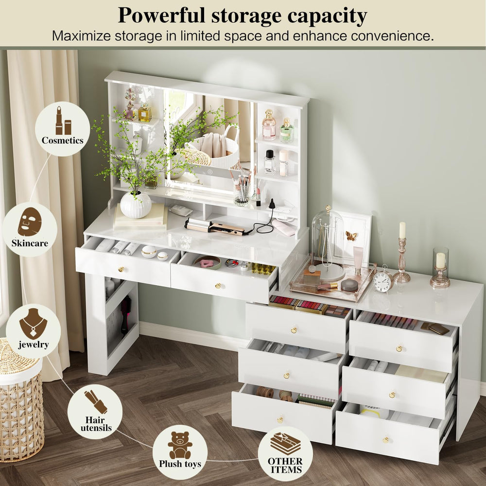 Ieejdn Makeup Vanity Desk with Mirror and Lights, Vanity Desk with 8 Drawers ...