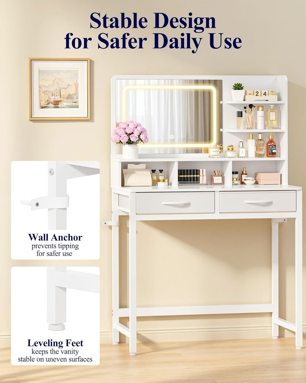 Kitsure 31.5" W Small Vanity Desk with Mirror and Lights, 2 Fabric Drawe...