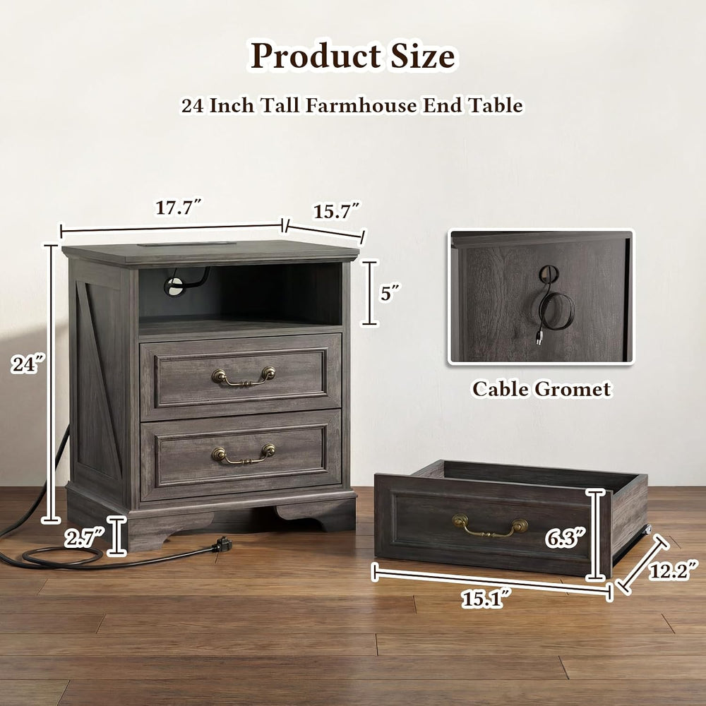 Farmhouse End Table with Charging Station, Rustic Wood Nightstand with 2 Larg...