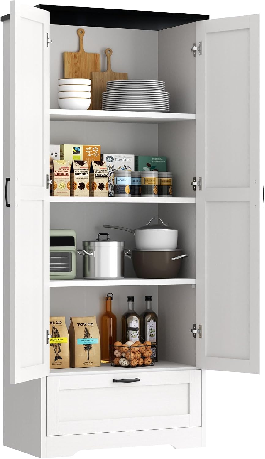 Vongrasig Kitchen Pantry Storage Cabinet with Barn Doors, Drawer and Adjustab...