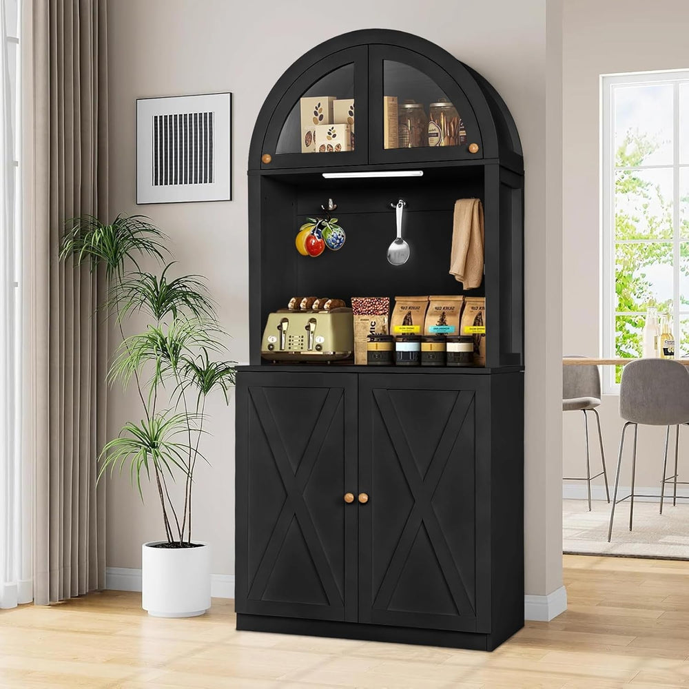 71" Tall Arched Kitchen Pantry Cabinet, Farmhouse Storage Cabinet with L...