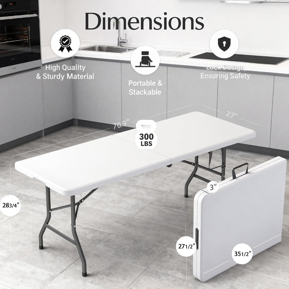 6 Feet Folding Table with Built in Handle & Fold-in-Half | Heavy Duty Por...