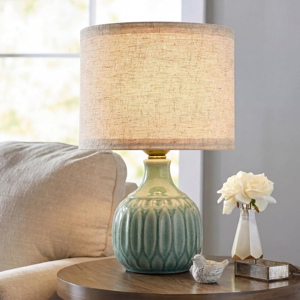 Green Ceramic Small Table Lamp for Small Space, Vintage Table Lamp Mid Centur...