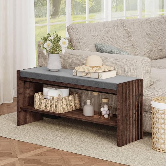 BON AUGURE Entryway Bench with Shoe Storage, 2-Tier Shoe Rack Bench with Cush...