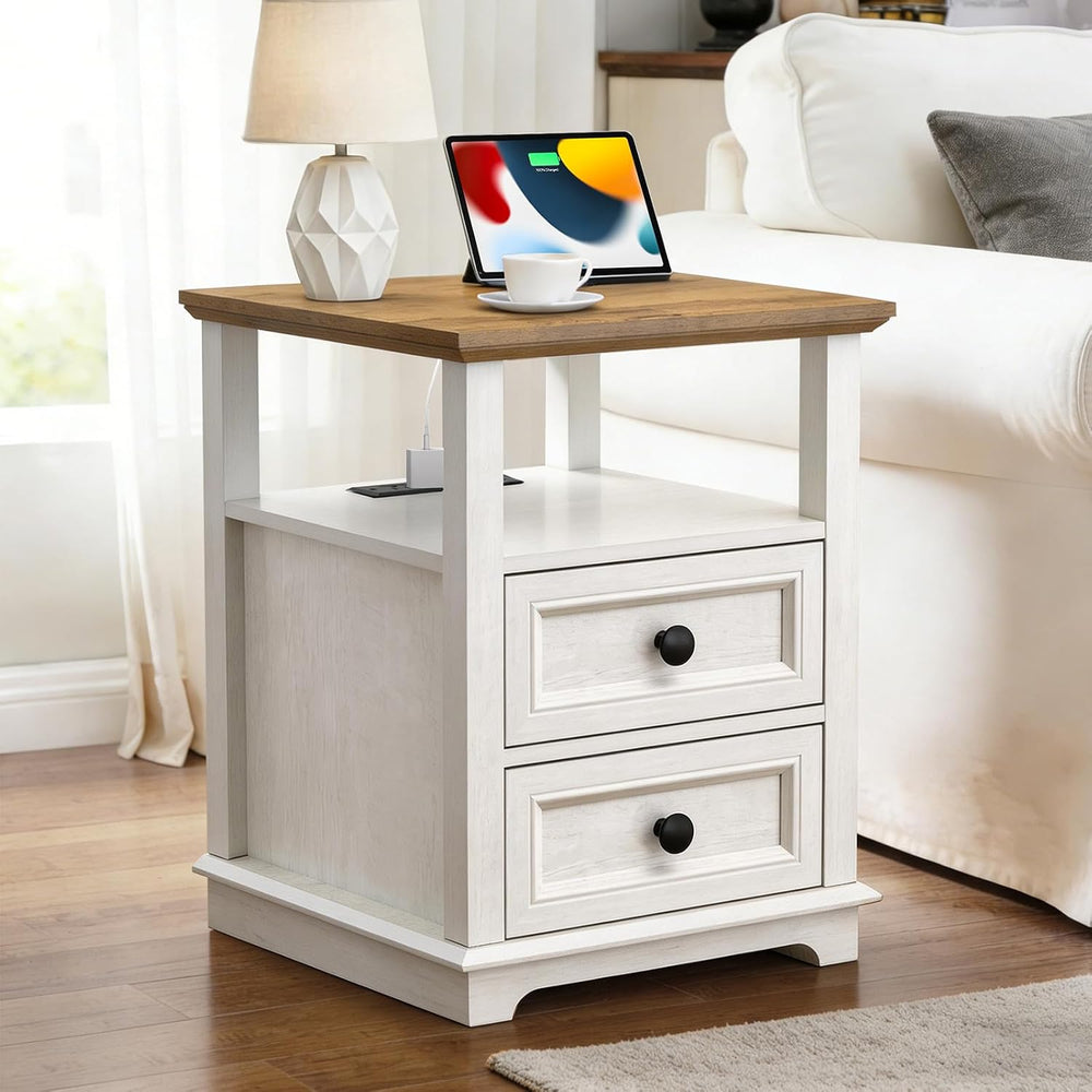 End Table with USB C Charging Station, 18" Wide Side Table with 2 Drawer...