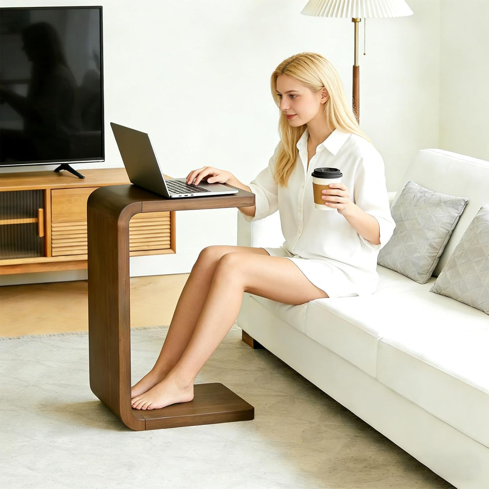 Lefedrasticity C Shaped End Table Small Side Table for Couch Walnut Sofa Tabl...
