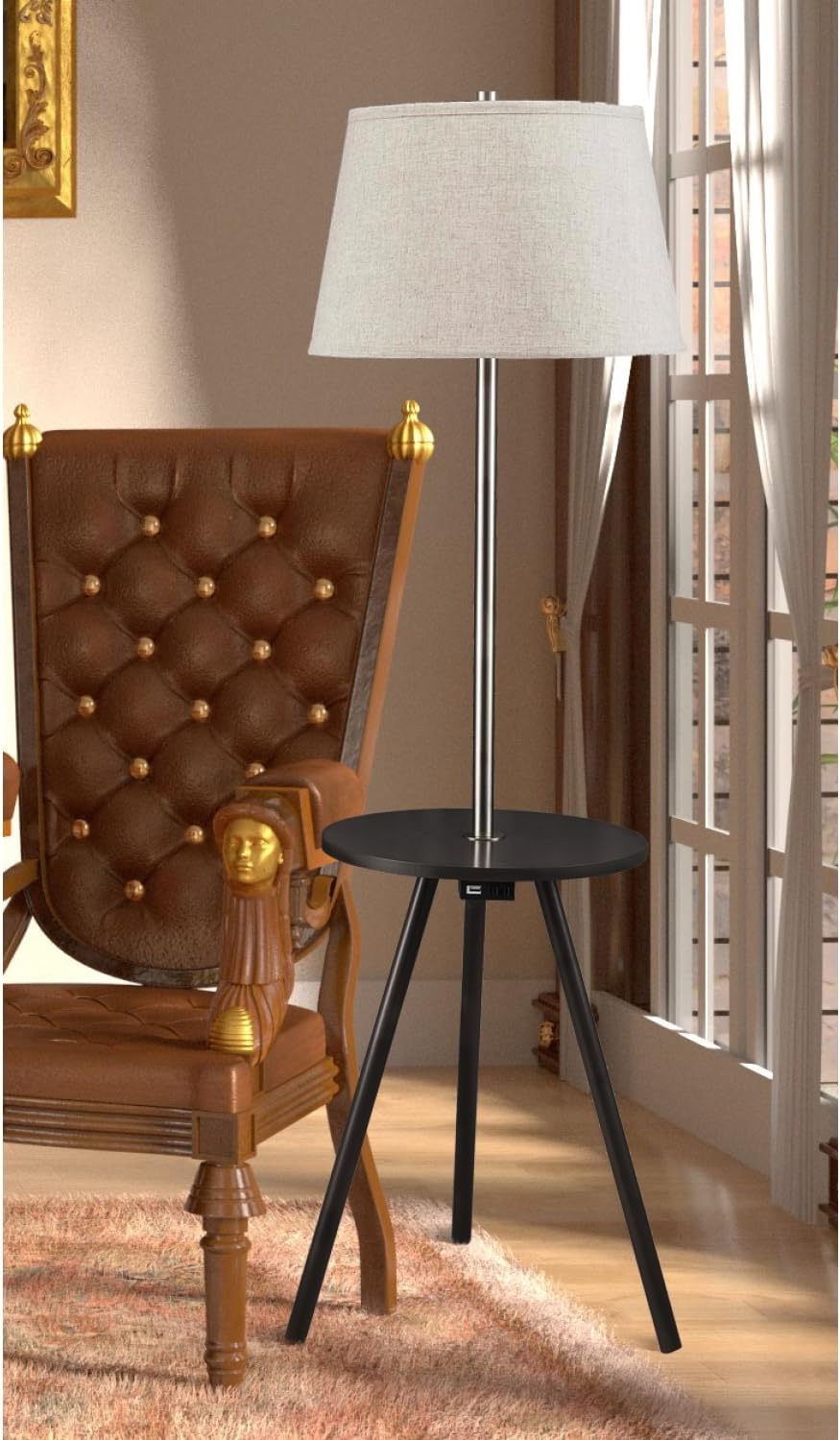 57" Round Sofa Side Table W/Lamp and Power Station 1.56/9.9 Metal Chargi...