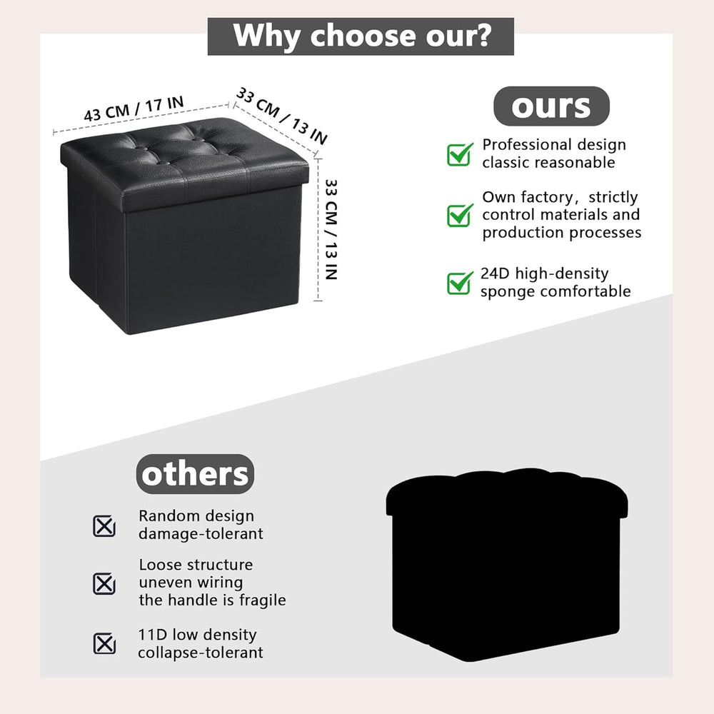 AmasSmile Ottoman with Storage,Folding Chest,17" Leather,Black 2 Pack
