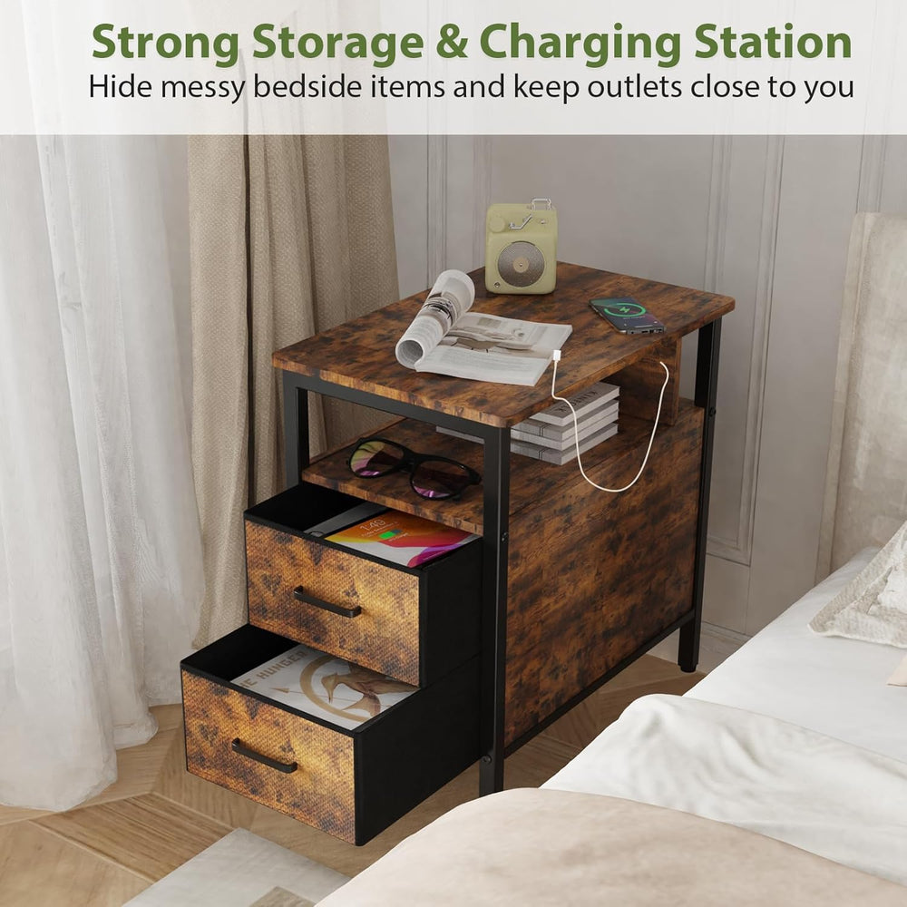 End Table with Charging Station, Narrow Side Table with 2 Fabric Drawers &...