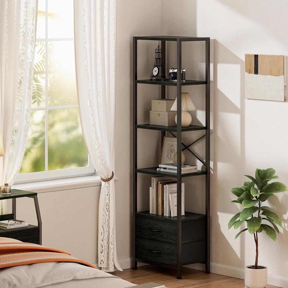 Furnulem 5-Tier Tall Corner Shelf, Narrow Bookshelf with Drawers