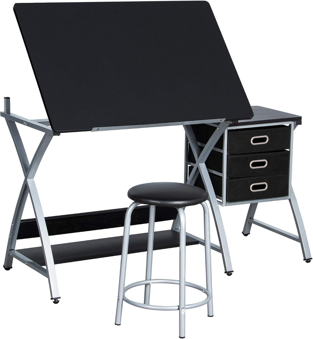 Topeakmart Drafting Tables, Draft Drawing Desk w/Stool and Tiltable Tabletop,...