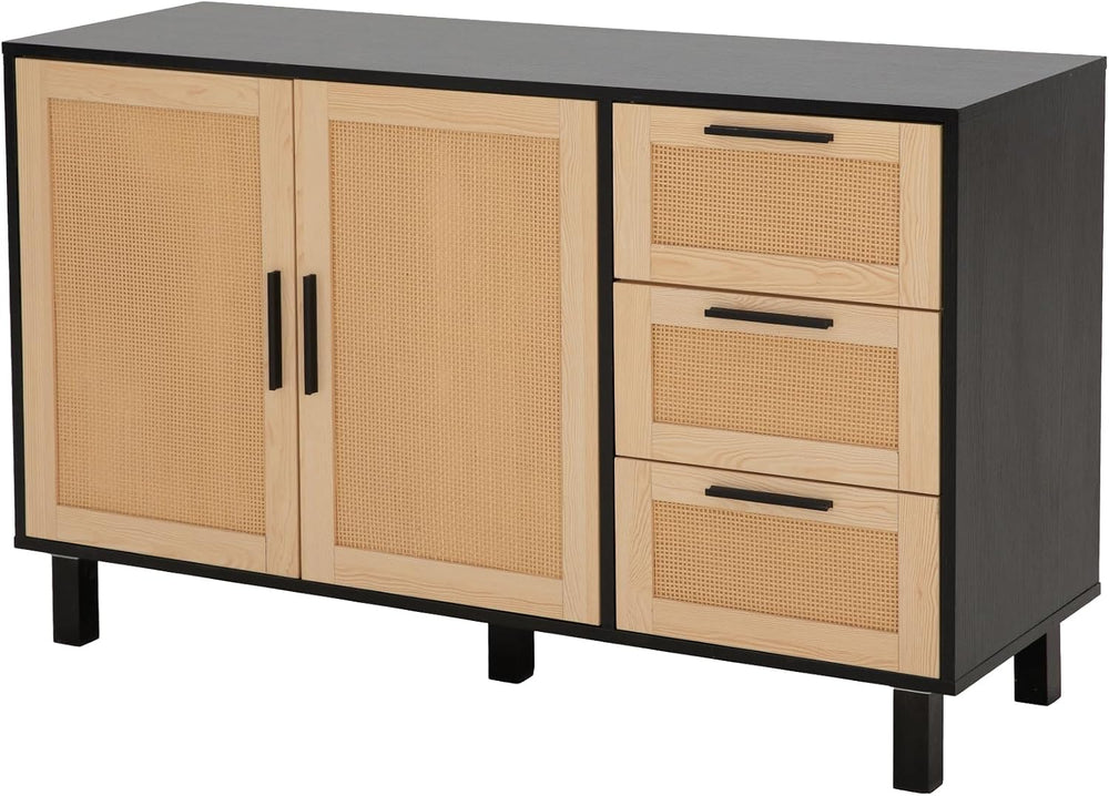 PHI VILLA Black Rattan Cabinet with Doors, Buffet Sideboard Cabinet with Draw...