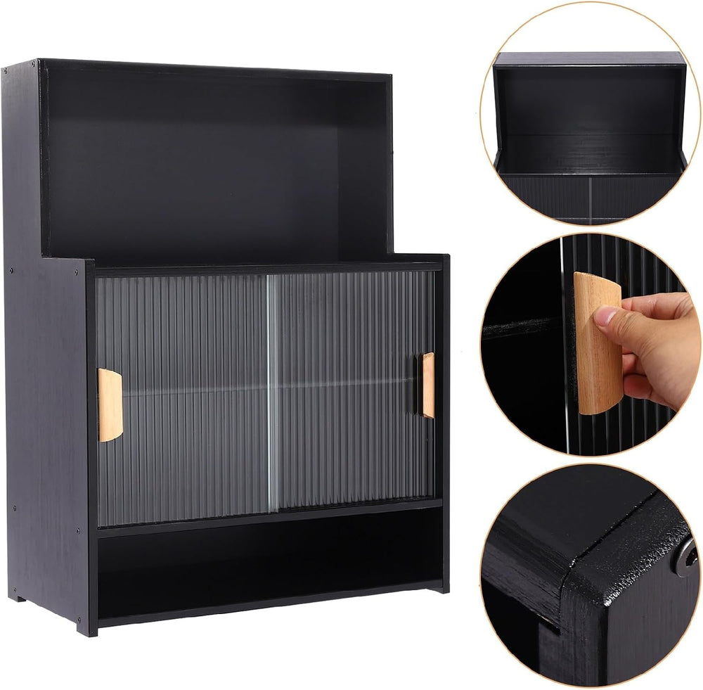 Countertop Kitchen Pantry - 3 Tier Bamboo Sideboard with Sliding Glass Doors,...