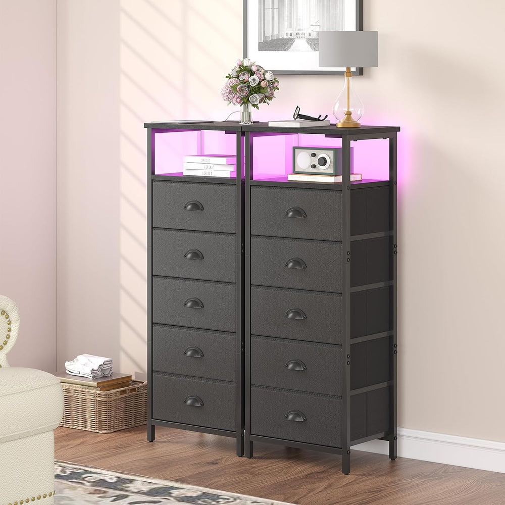 Nightstand with Charging Station,LED Black Nightstands with 5 Fabric Drawers ...