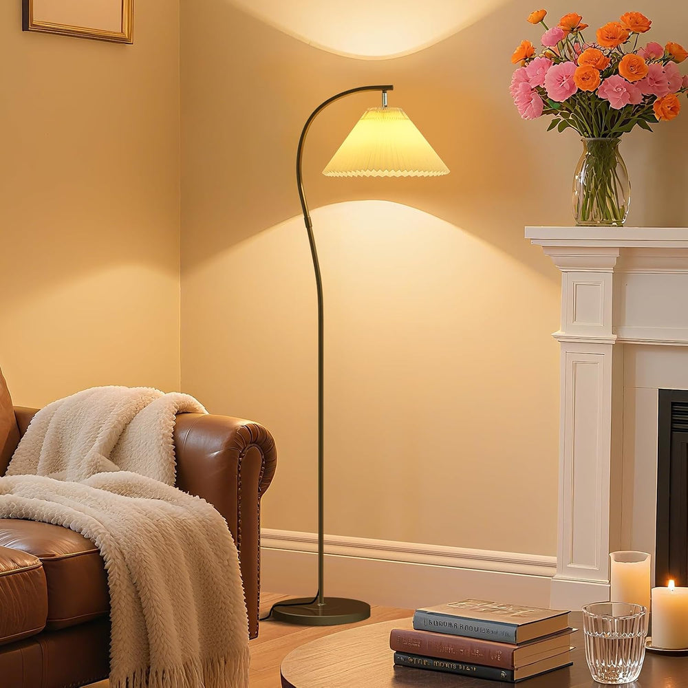 Unique Black Arched Pleated shade Floor Lamp, 12W LED Bulb 3-Color Dimming