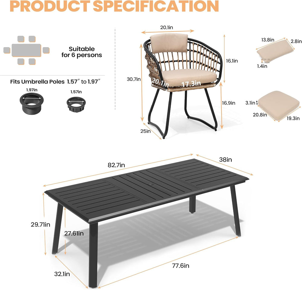 7 Piece Outdoor Dining Set for 6, Aluminum Table & Wicker Chairs
