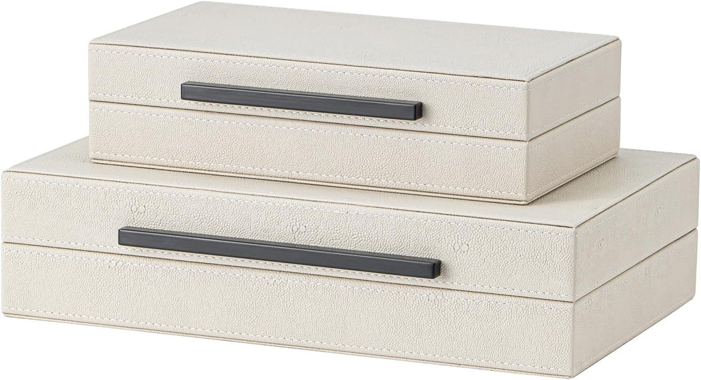 XIGEXIGE Set of 2 Beige Shagreen Decorative Storage Boxes with Black Metal Ha...